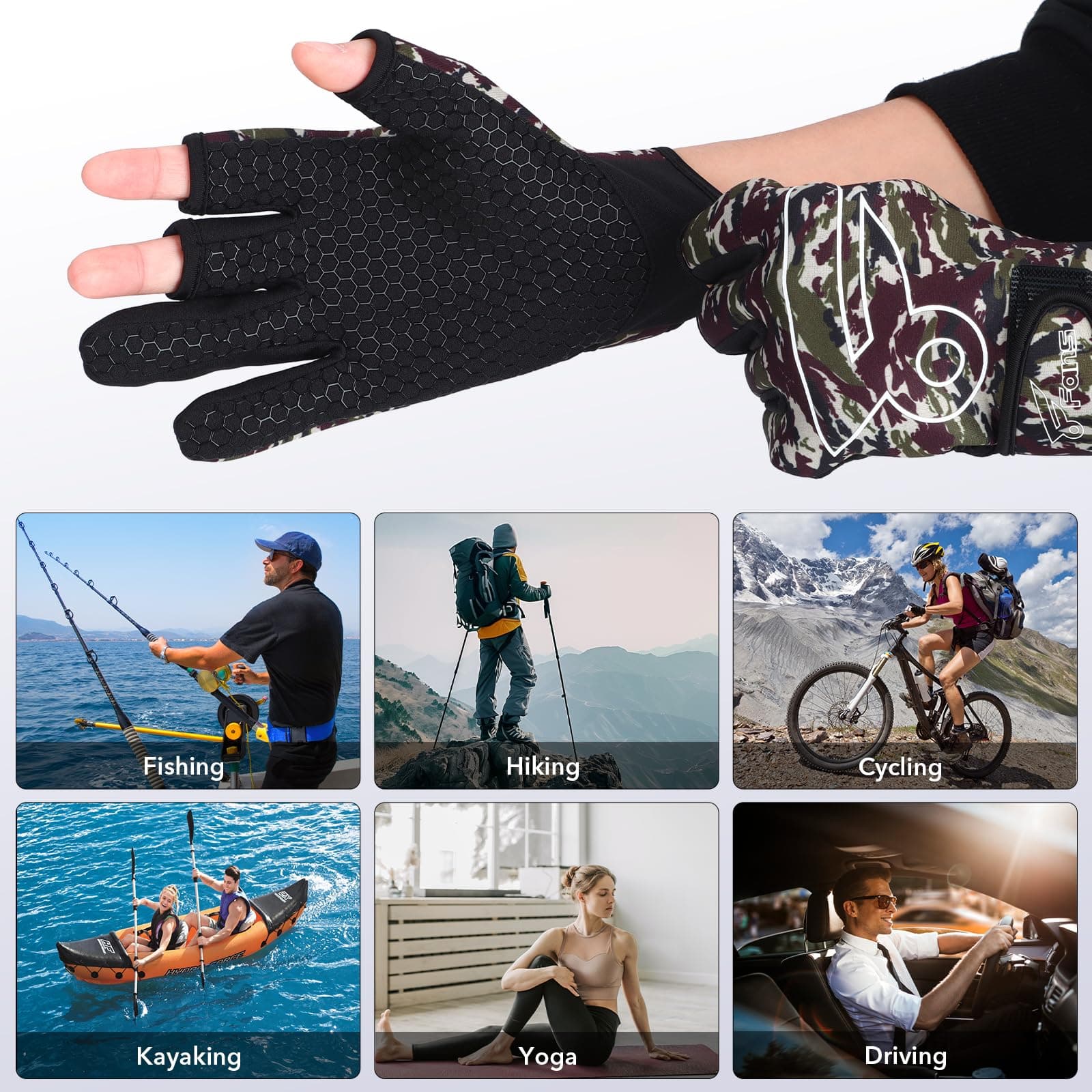 Перчатки для рыбалки 8Fans — камуфляжные, с защитой от ультрафиолета (SPF), для нахлыста и каякинга, мужские и женские 6