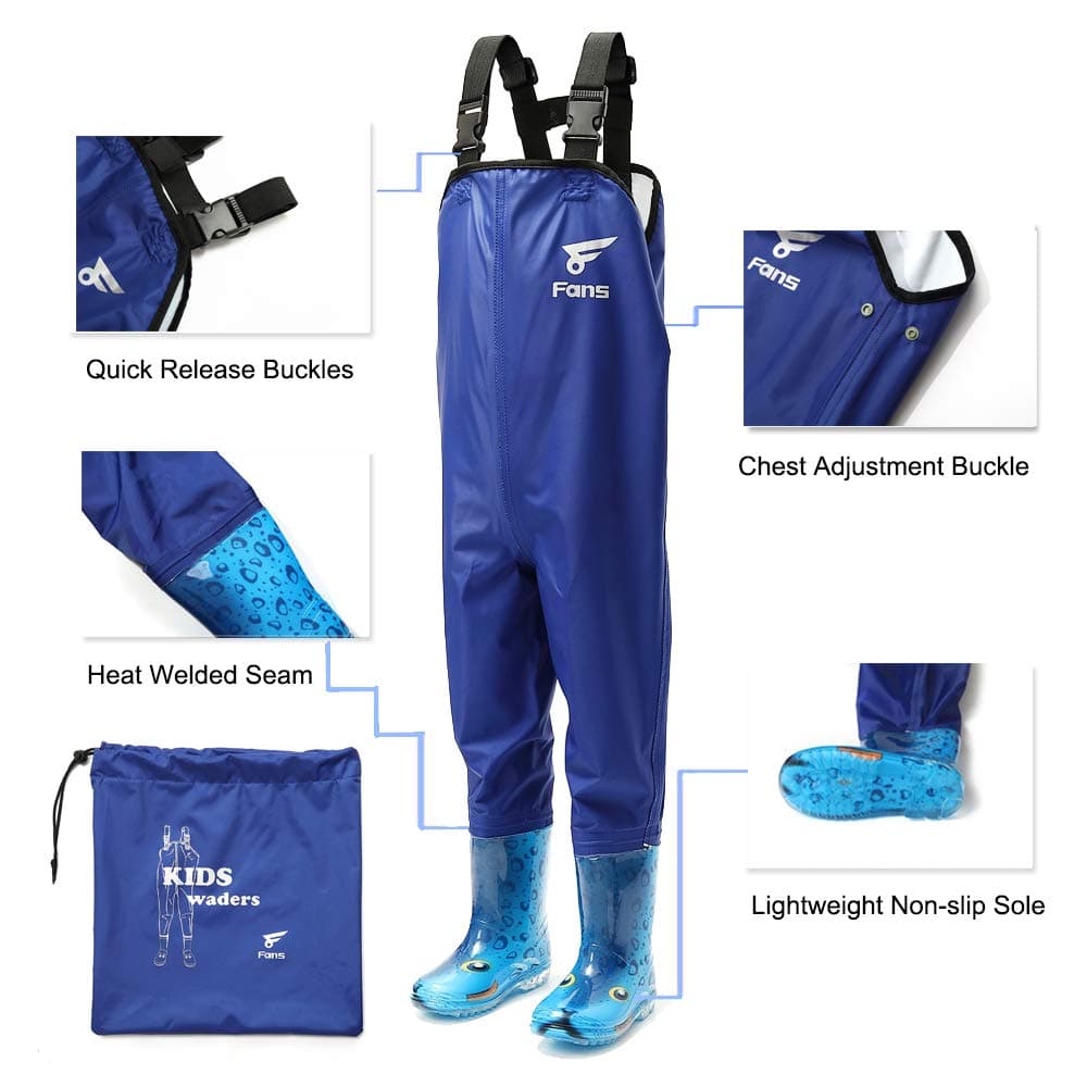 8Fans Kids Chest Waders, водонепроницаемые молодежные вейдерсы для рыбалки, 2 слоя водонепроницаемого нейлона из ПВХ с противоскользящими мультяшными ботинками синего цвета 3