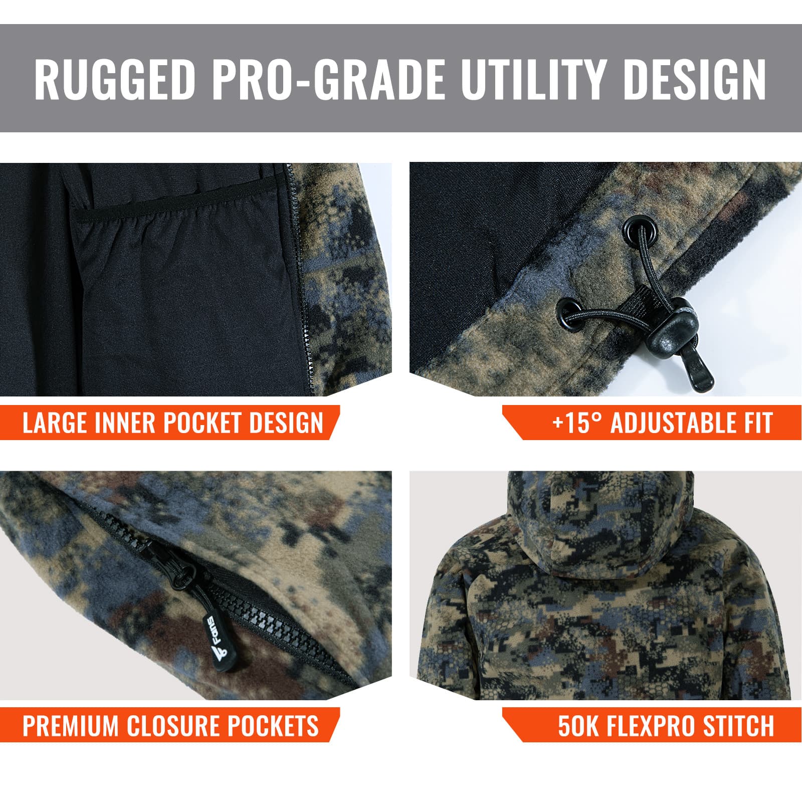 Мужская охотничья камуфляжная куртка 8Fans – 100% полиэстеровый флис, дышащее лёгкое пальто со съёмным капюшоном и карманами 4