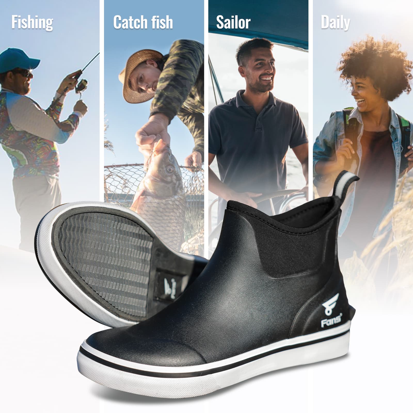 8Fans Мужские черно-белые водонепроницаемые палубные ботинки – нескользящие ботинки по щиколотку для рыбалки, катания на лодке и отдыха на природе 5