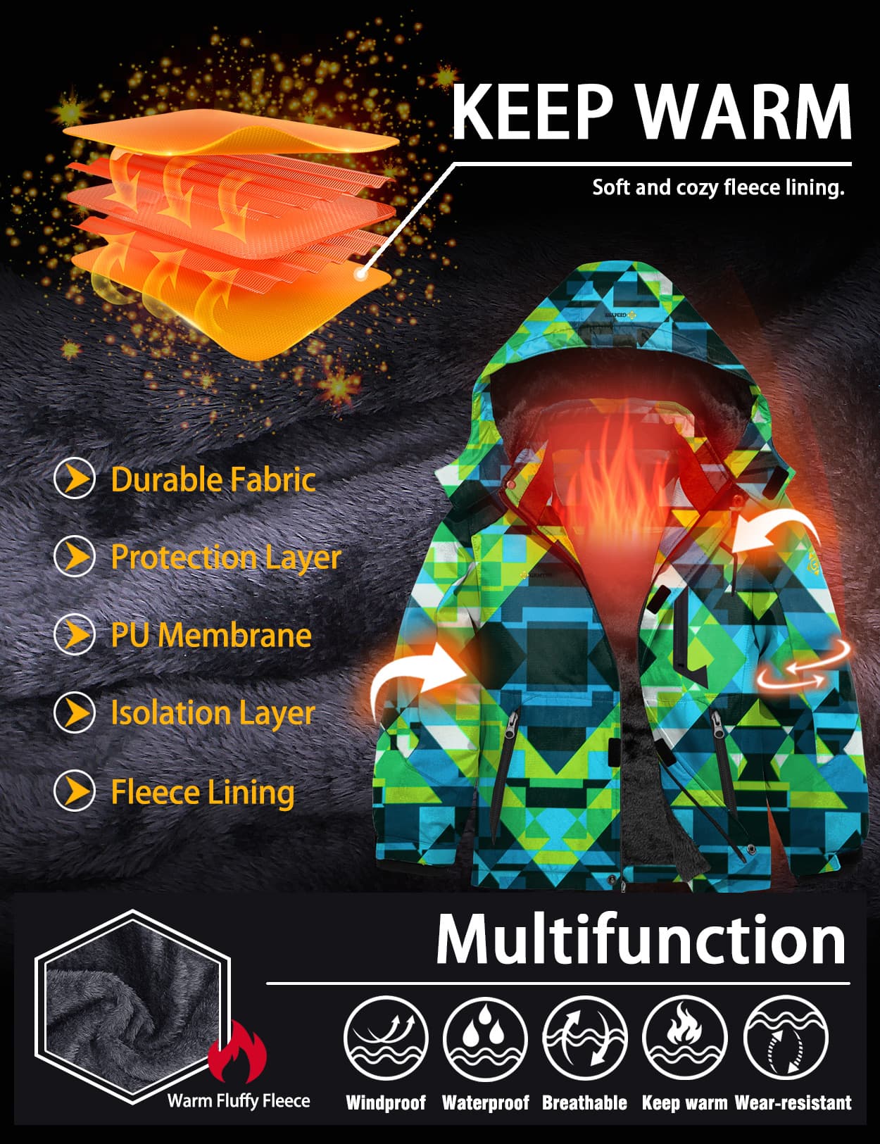 Водонепроницаемая лыжная зимняя куртка для мальчиков 8FANS × GEMYSE, флисовая ветрозащитная с капюшоном 4