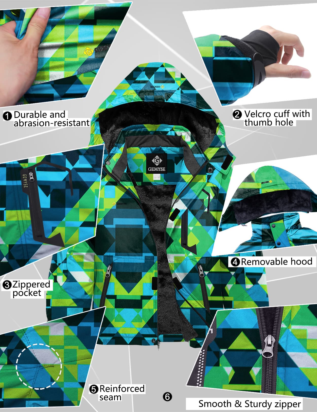 Водонепроницаемая лыжная зимняя куртка для мальчиков 8FANS × GEMYSE, флисовая ветрозащитная с капюшоном 5