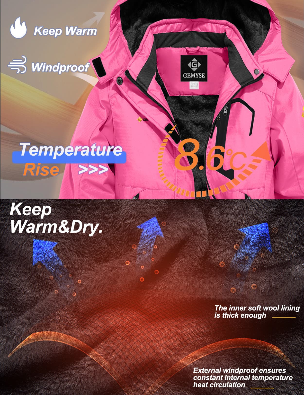 Водонепроницаемая лыжная зимняя куртка для девочек 8FANS × GEMYSE, флисовая ветрозащитная с капюшоном 13