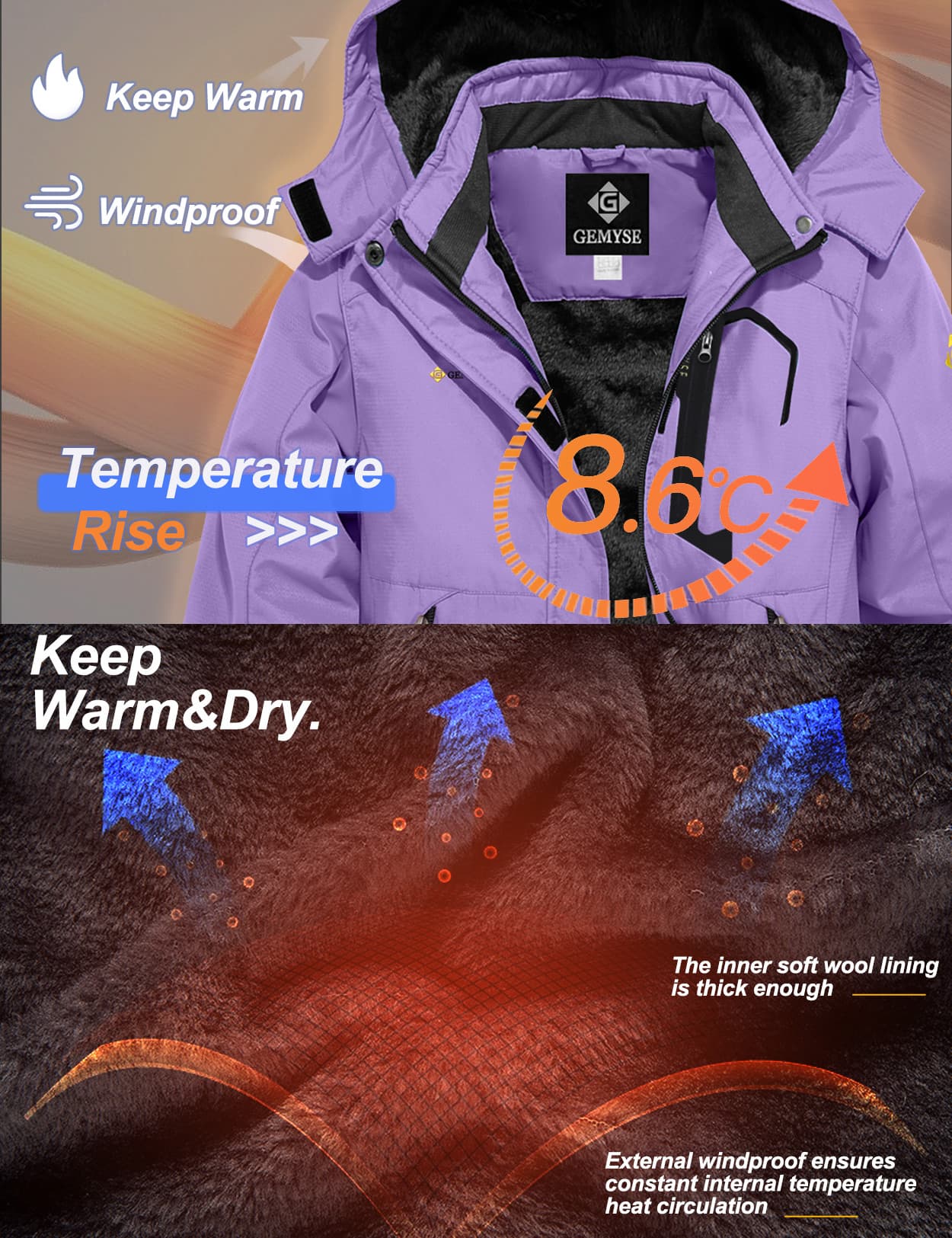 Водонепроницаемая лыжная зимняя куртка для девочек 8FANS × GEMYSE, флисовая ветрозащитная с капюшоном 18