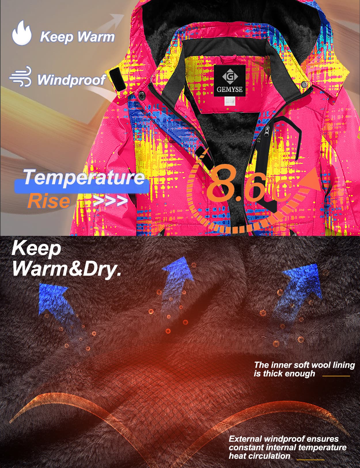 Водонепроницаемая лыжная зимняя куртка для девочек 8FANS × GEMYSE, флисовая ветрозащитная с капюшоном 5