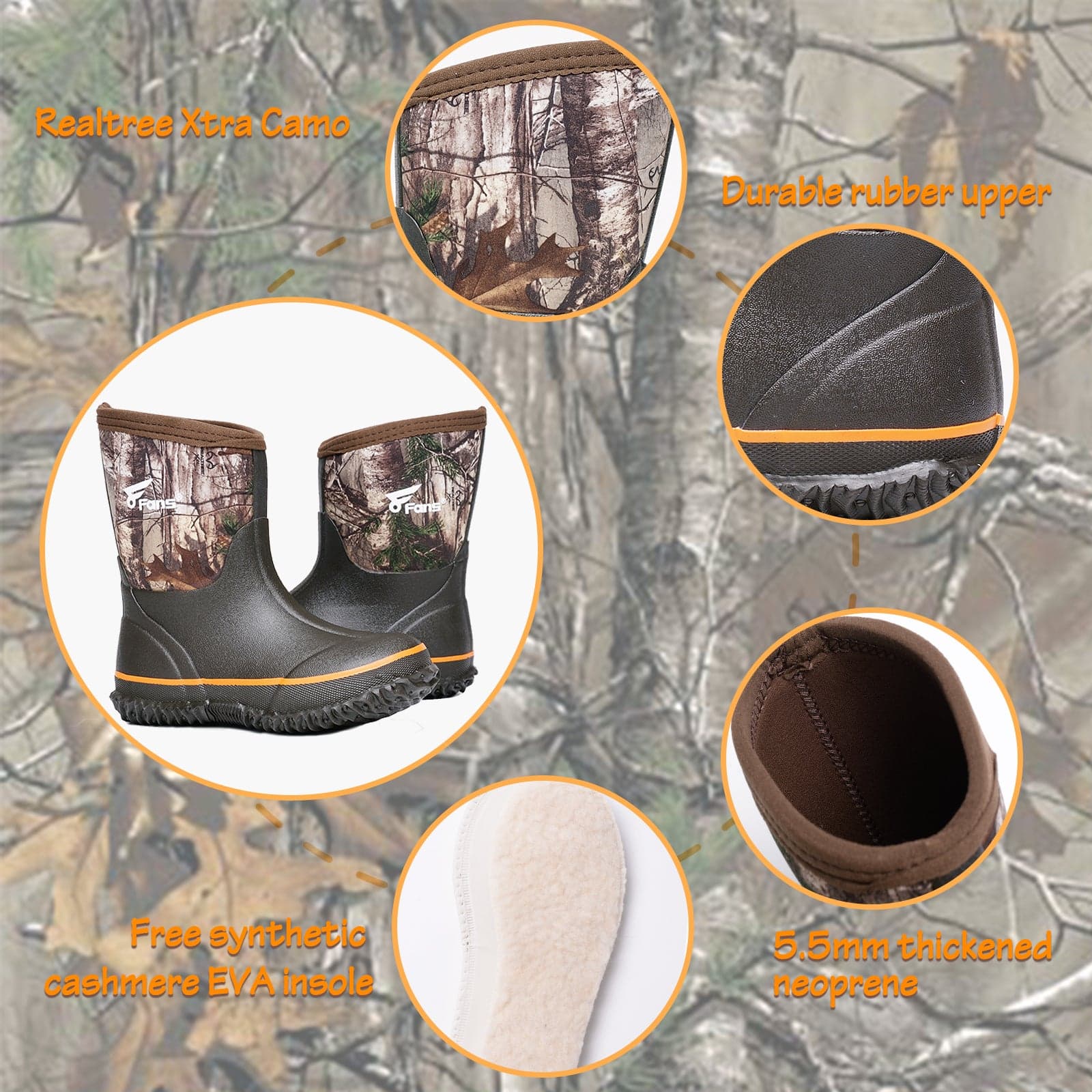 8Fans Камуфляжные водонепроницаемые резиновые сапоги с изоляцией для детей 5