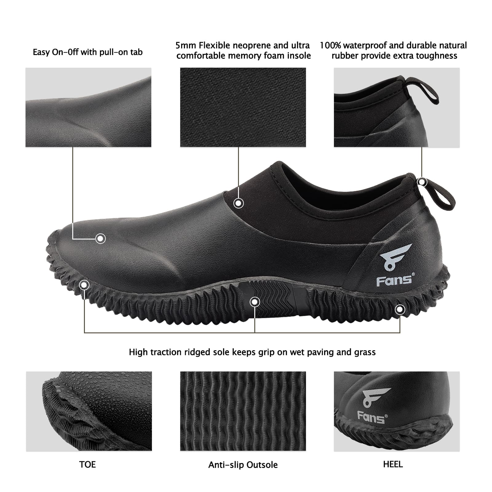 8Fans Мужские черные резиновые неопреновые садовые туфли со стельками из пены с эффектом памяти 4