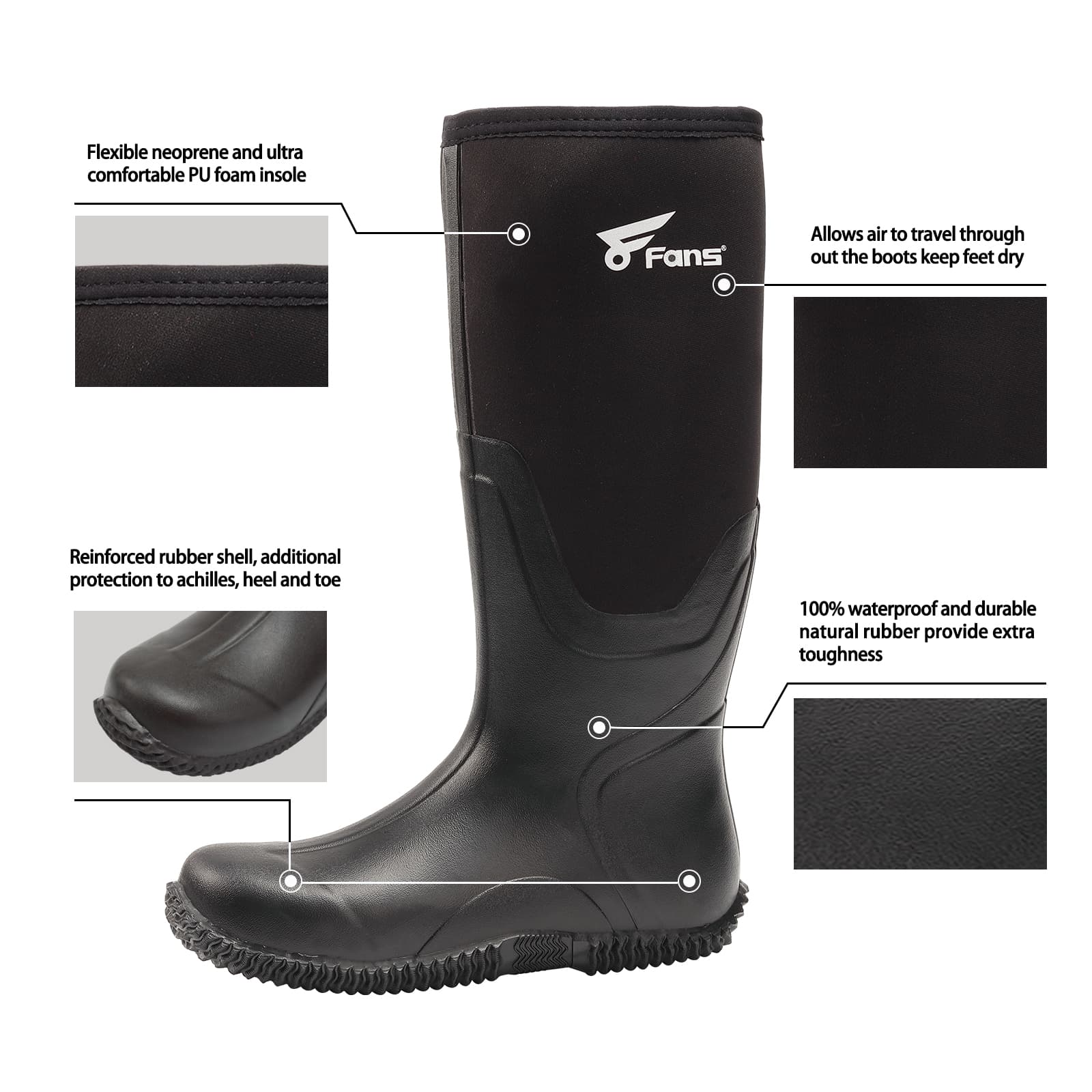 8Fans Мужские черные водонепроницаемые прочные неопреновые резиновые сапоги для рыбалки и охоты 4