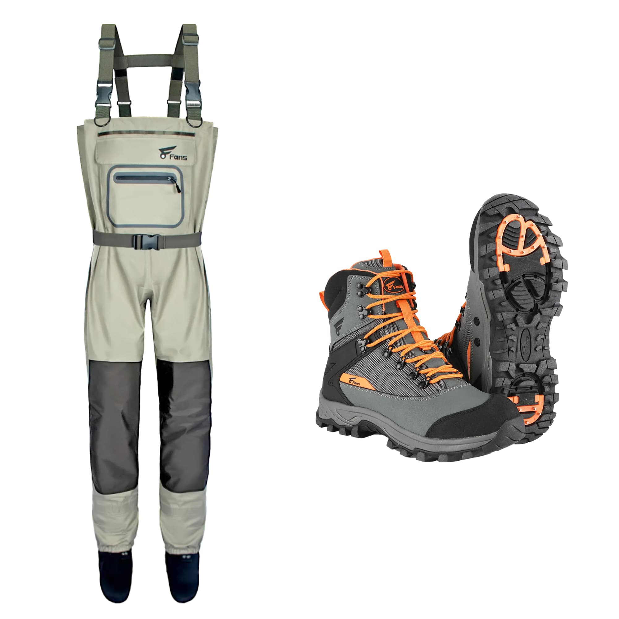 Скидка на комплект: забродные комбинезоны 8Fans с H-образной спинкой и рыболовные ботинки с накладками на стальные гвозди