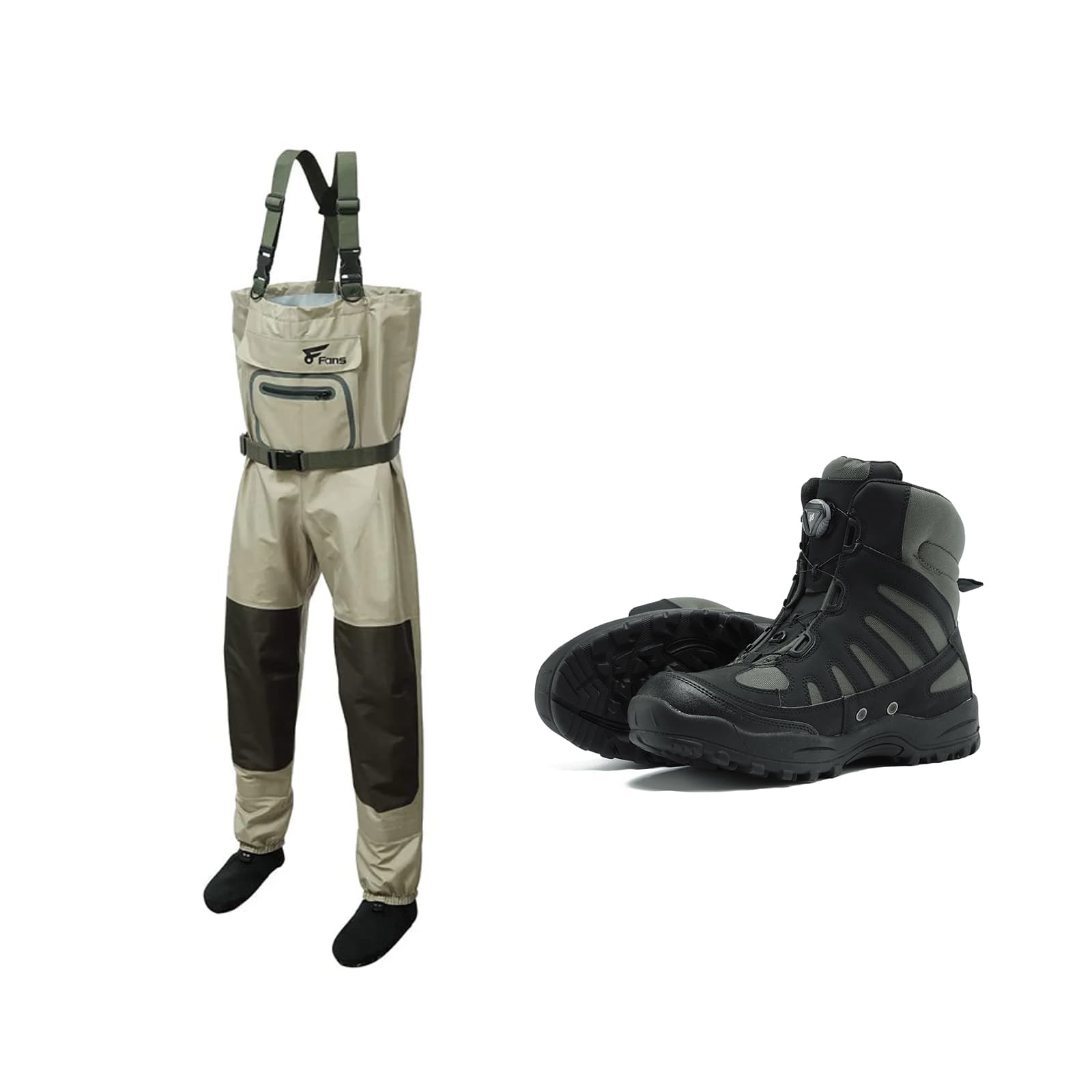 Комплект со скидкой: Забродные штаны 8Fans X-Back с системой шнуровки с вращающейся пряжкой и рыболовные забродные ботинки на резиновой подошве.
